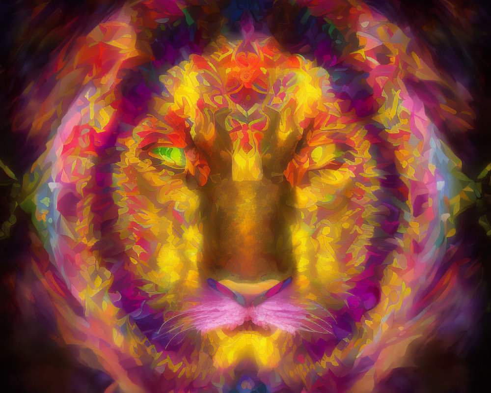Vibrant Abstract Digital Lion Face Painting with Symmetrical Patterns