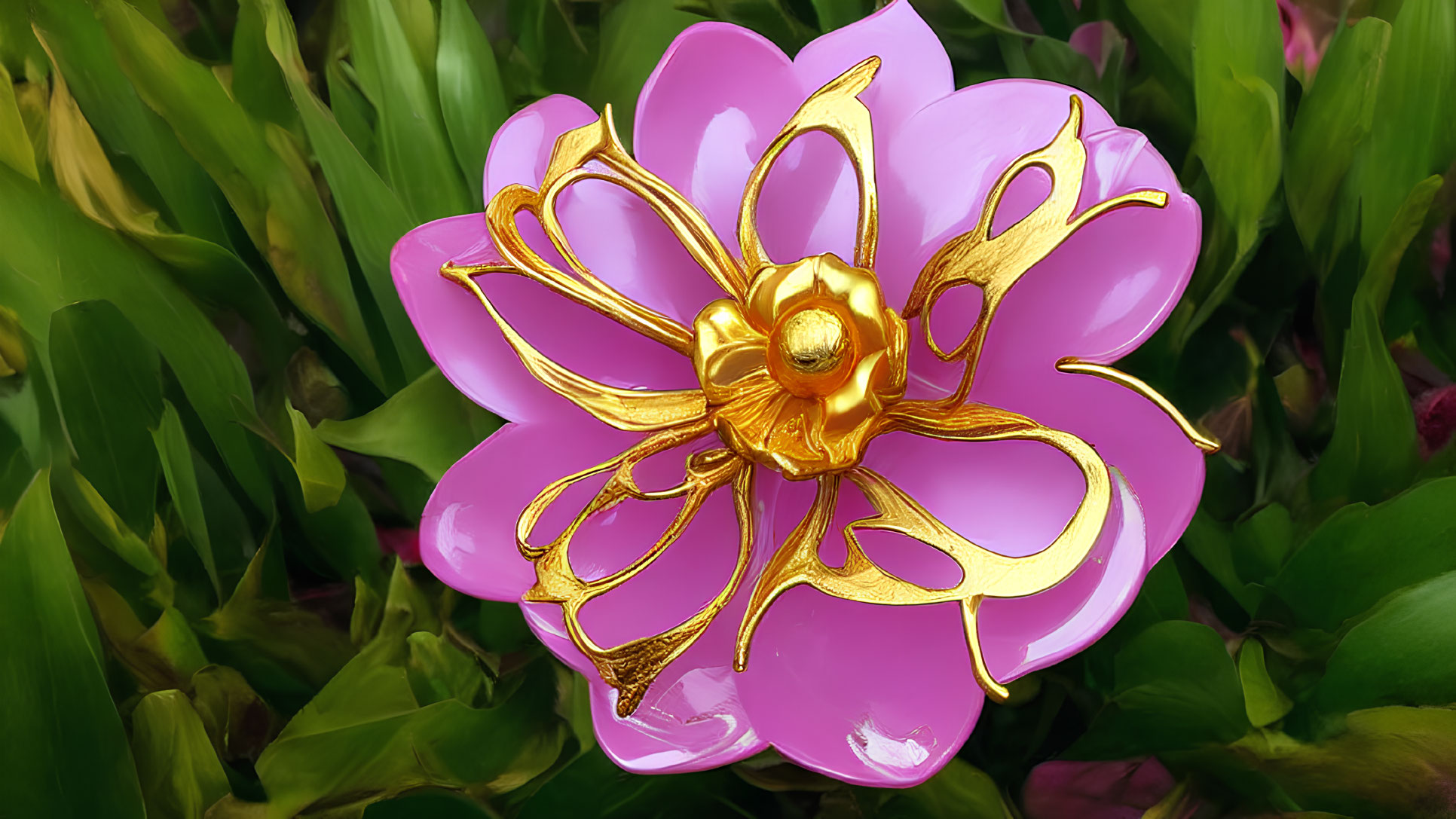 Pink and Gold Ornamental Flower on Green Leaves Background