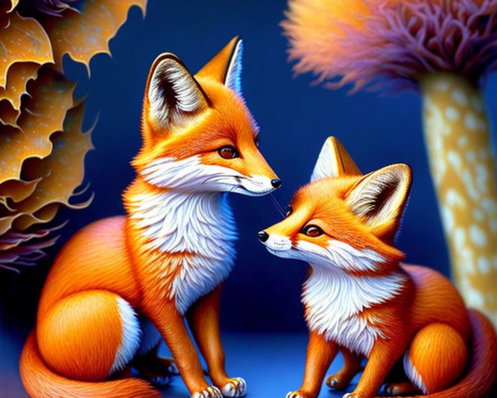 Vibrantly colored stylized foxes on blue backdrop with whimsical trees