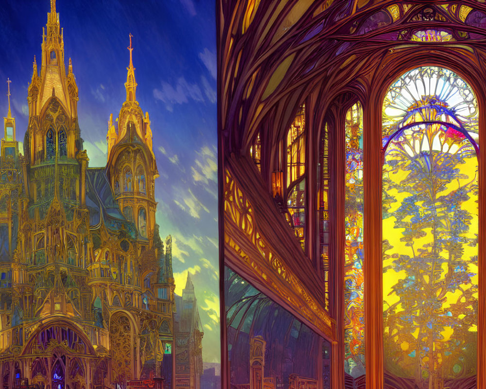 Fantasy cathedral with gothic architecture and stained-glass window at sunset