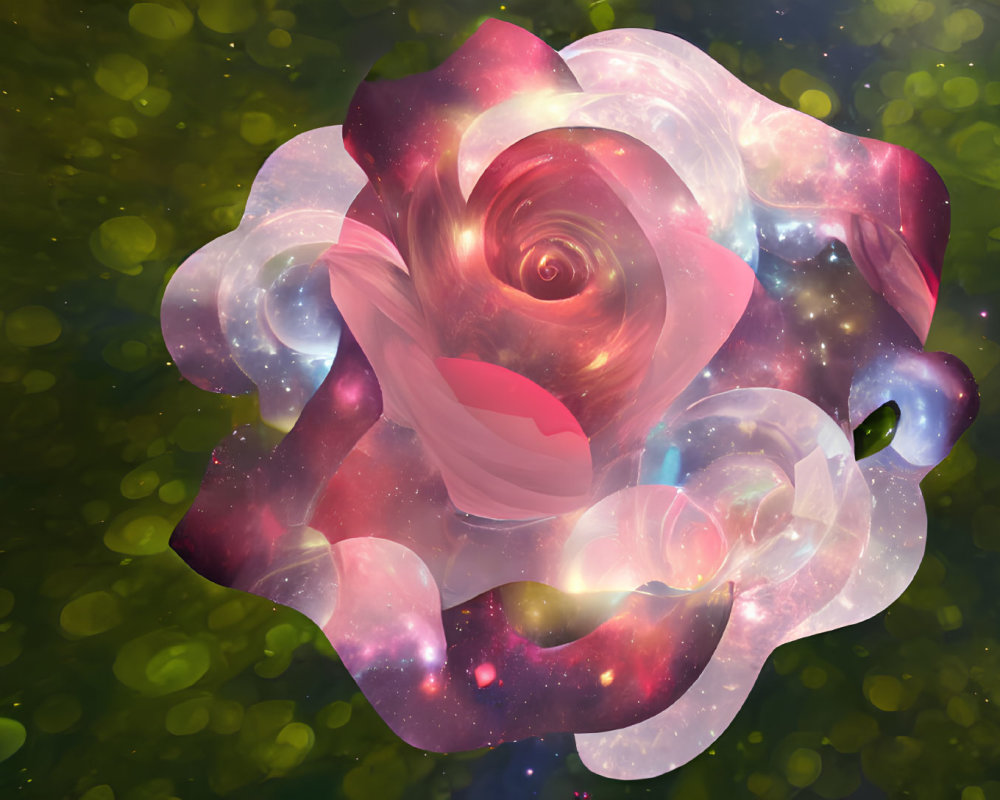 Cosmic rose blending into starry nebula on warm bokeh background