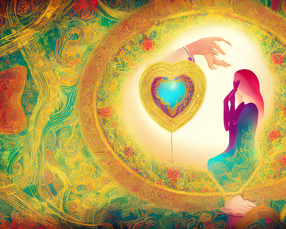 Woman holding heart-shaped balloon in vibrant illustration