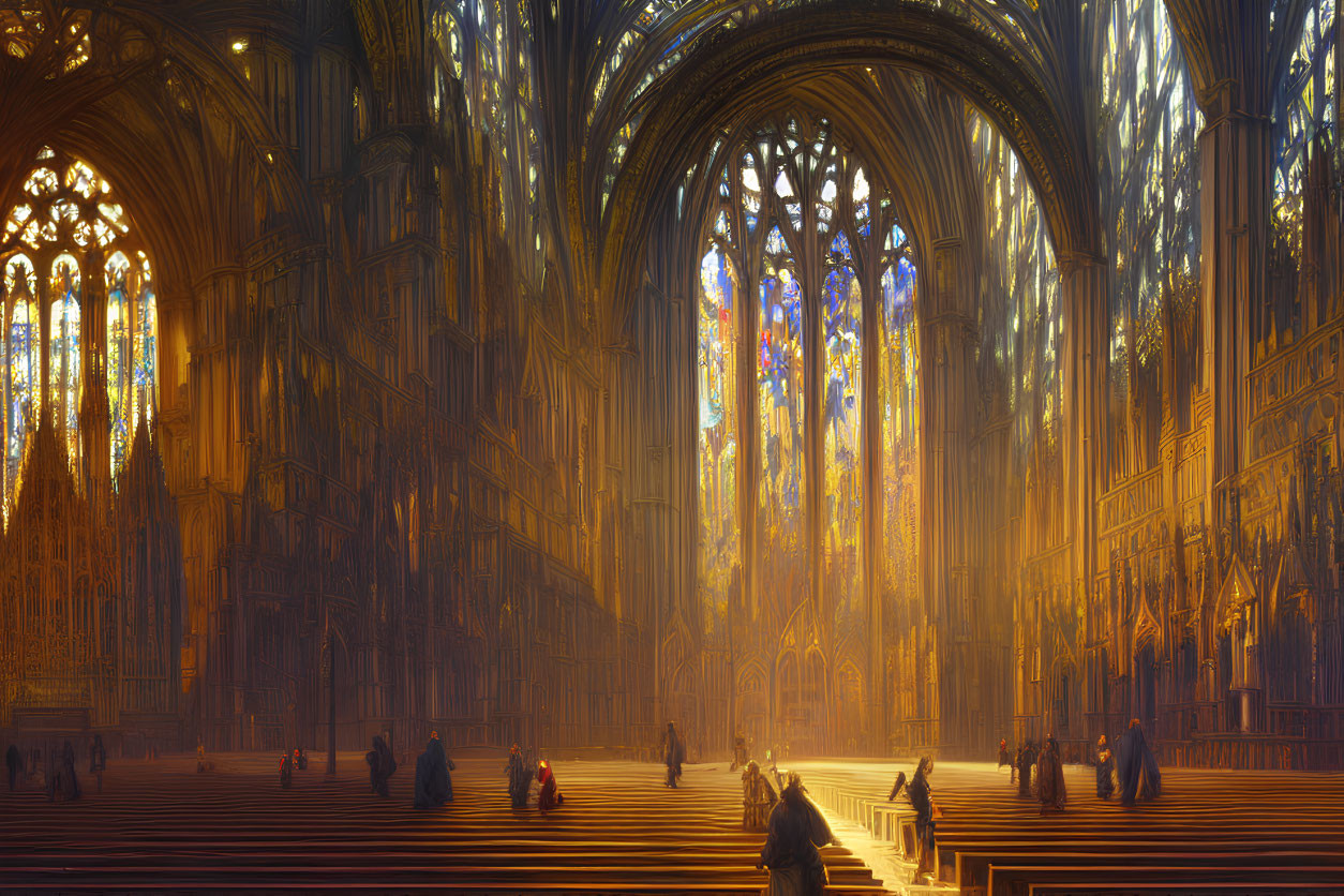 Gothic cathedral interior with stained glass windows and sunlight