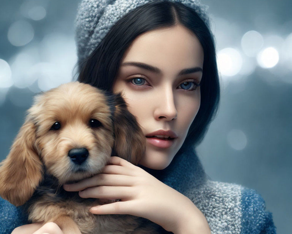 Woman in Blue Sweater Holding Brown Puppy on Bokeh Background