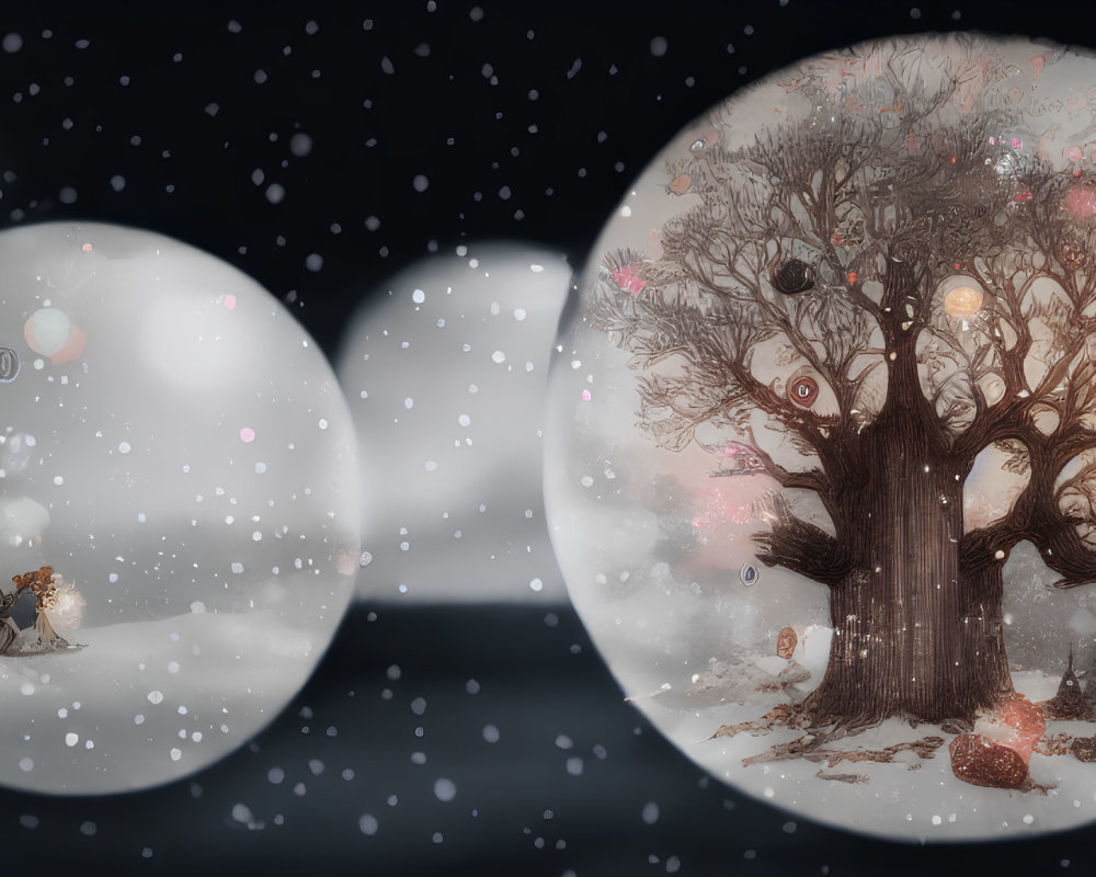 Child and dog under glowing tree with snowflakes - whimsical illustration