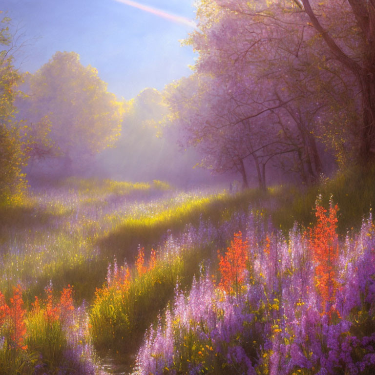 Sunlit Misty Forest Field of Wildflowers in Purple, Pink, and Red