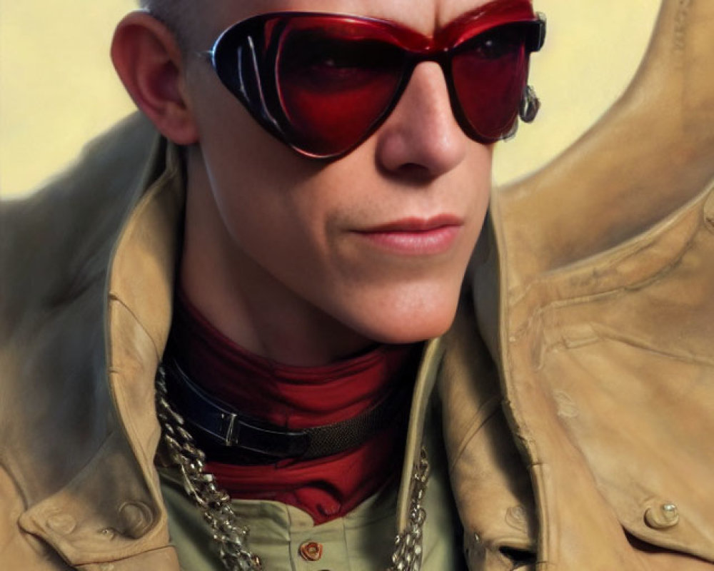 Fashionable portrait of individual with spiked gray hair, red sunglasses, tan jacket with gold chains.