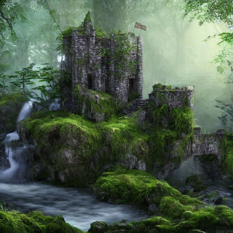 Moss-covered ancient stone ruin in lush forest with waterfall and fog