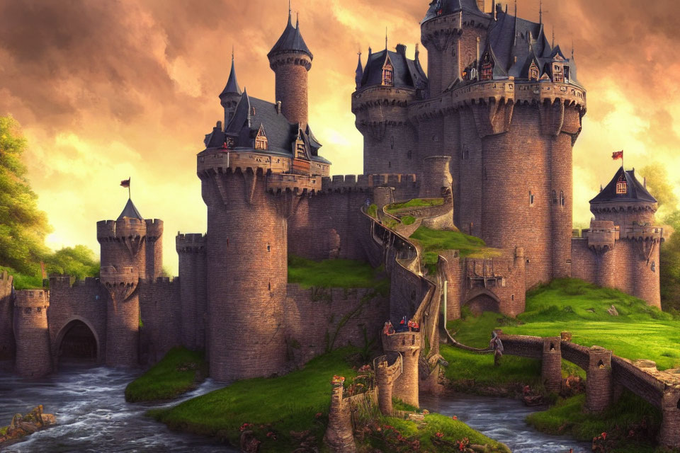 Fantasy castle with towers and river bridge in lush setting