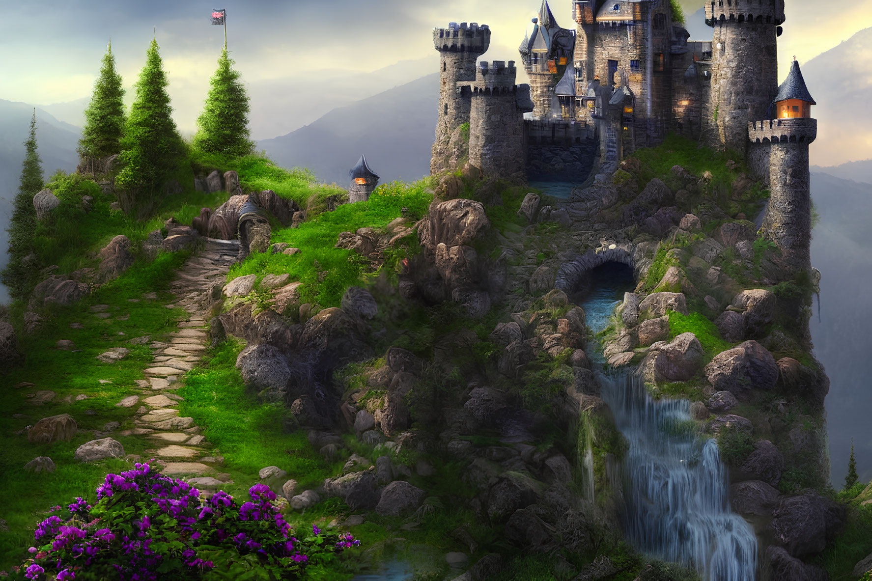 Enchanting fairytale castle on cliff with towers, lush greenery, waterfall, and stone