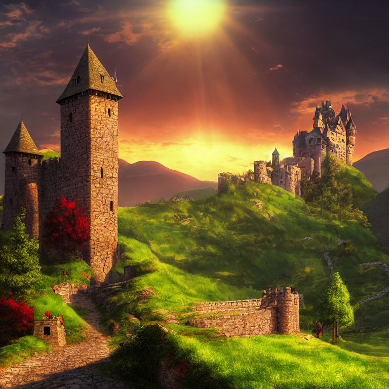 Majestic fantasy castle on green hills at sunrise with ancient stone path