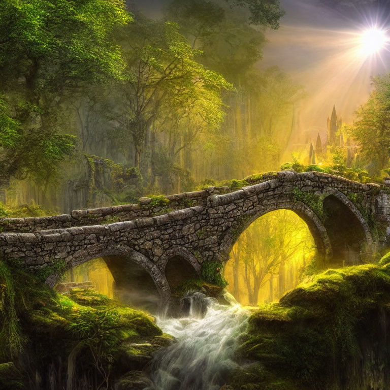 Ancient stone bridge over babbling brook in misty forest