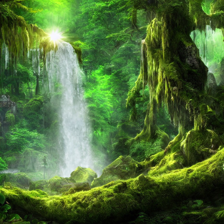 Serene forest scene with mossy trees, sunbeam, and misty waterfall