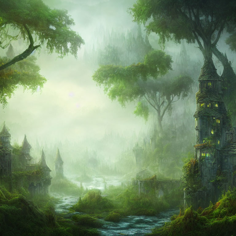 Misty fantasy landscape with ancient trees, ruins, and river