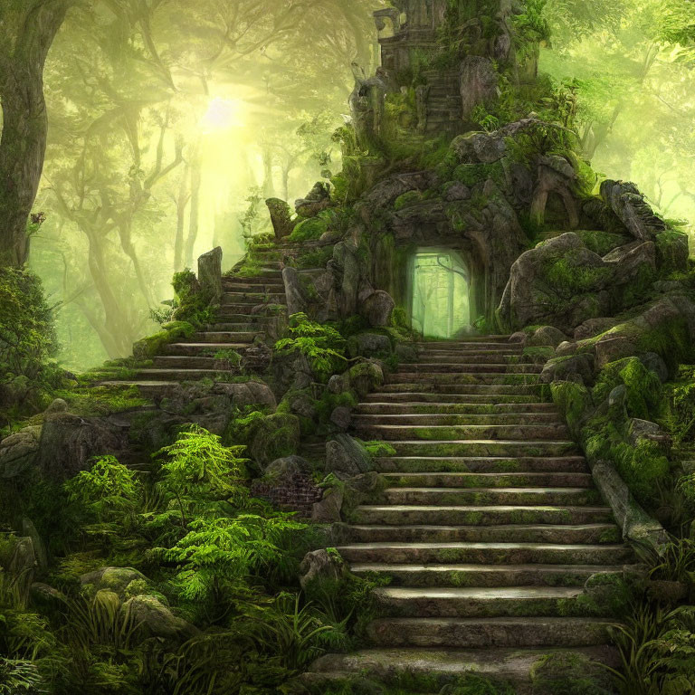 Ethereal forest scene with sunlight filtering through canopy onto moss-covered steps and ancient door on tree-covered