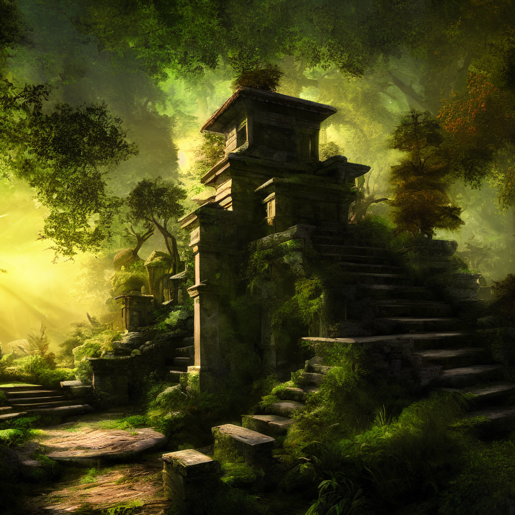 Ancient stone temples covered in moss and ivy in a sunlit forest