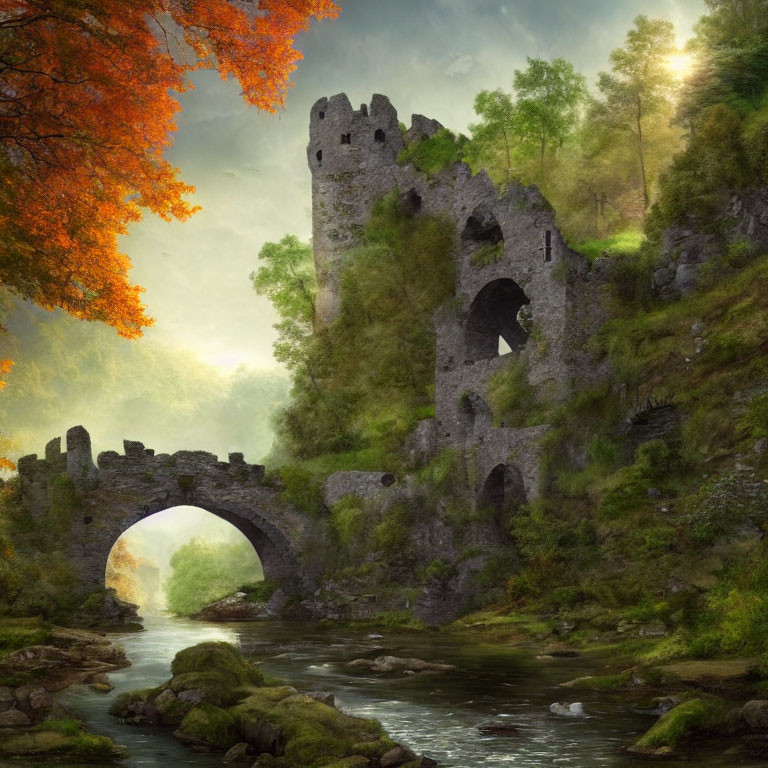Medieval castle ruins, stone bridge, river, forest, fog, sun glow