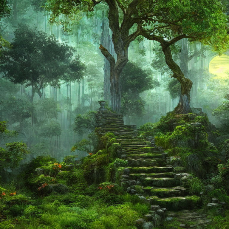 Mystical forest with ancient tree and moss-covered stone steps