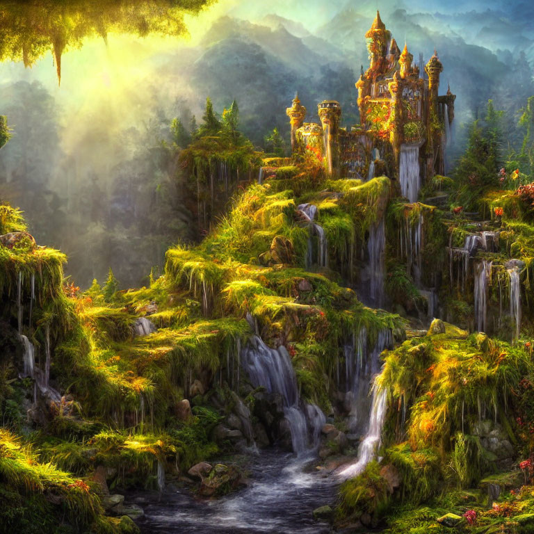 Mystical landscape with fairytale castle, waterfalls, and river