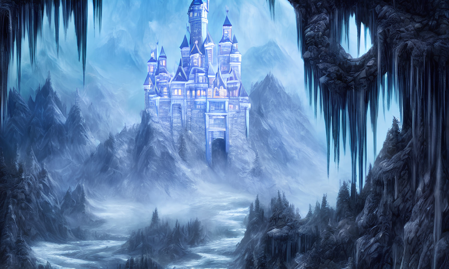 Mystical castle on rugged mountains in icy landscape