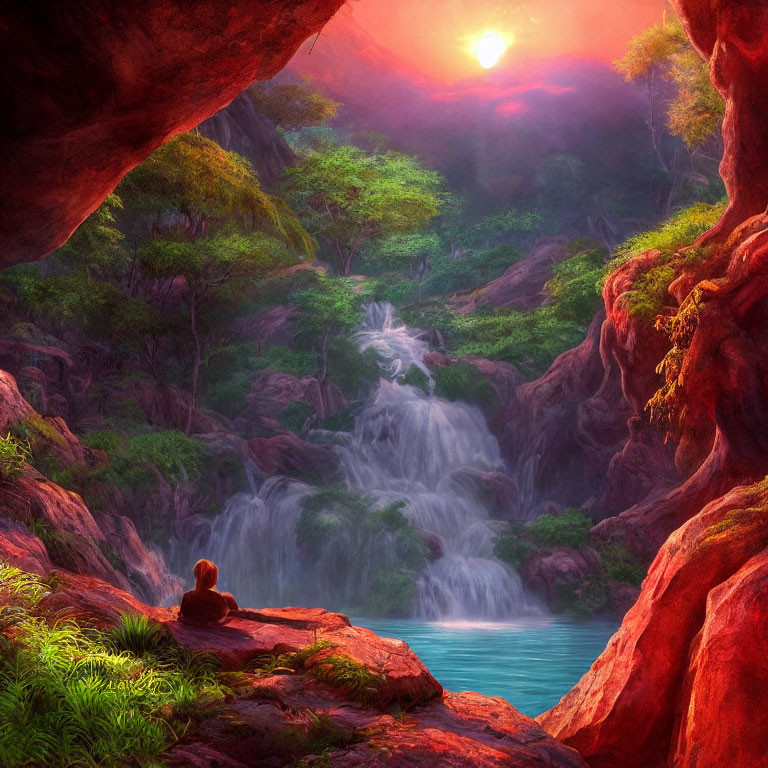 Person sitting on rock by serene waterfall in colorful forest at sunset