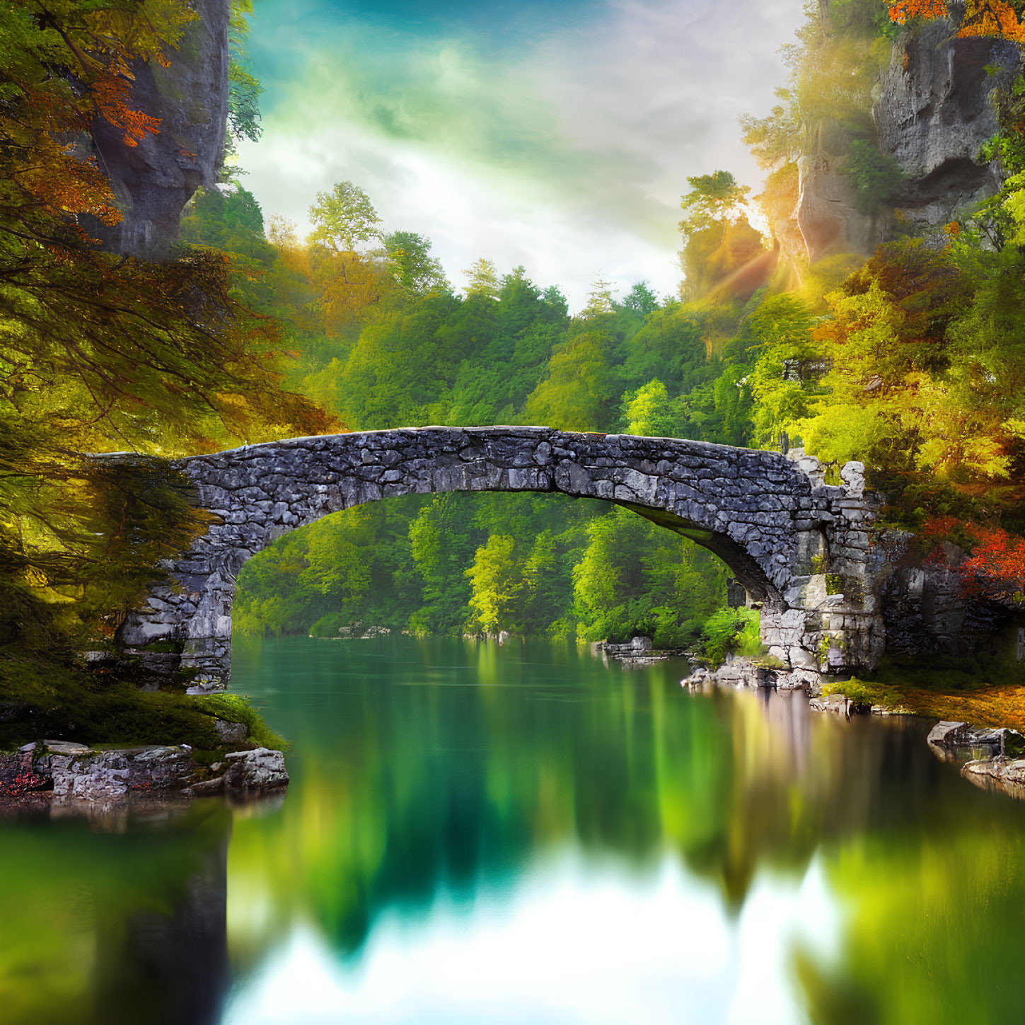 Stone arch bridge over tranquil river surrounded by autumn trees under bright sunbeam