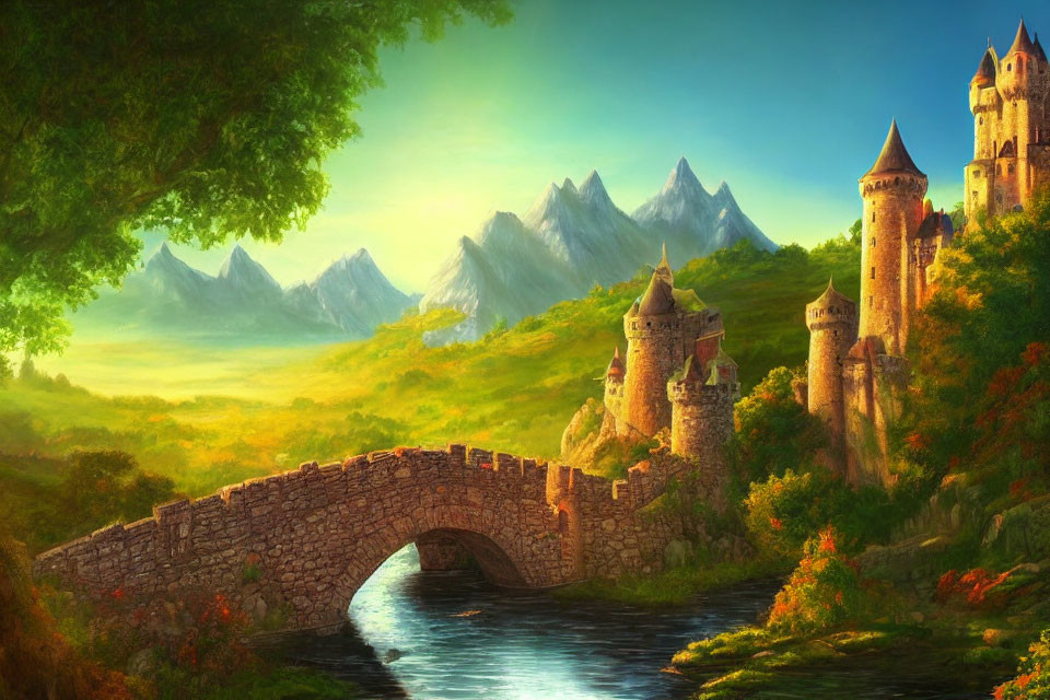 Scenic landscape with stone bridge, river, and castle nestled in lush greenery