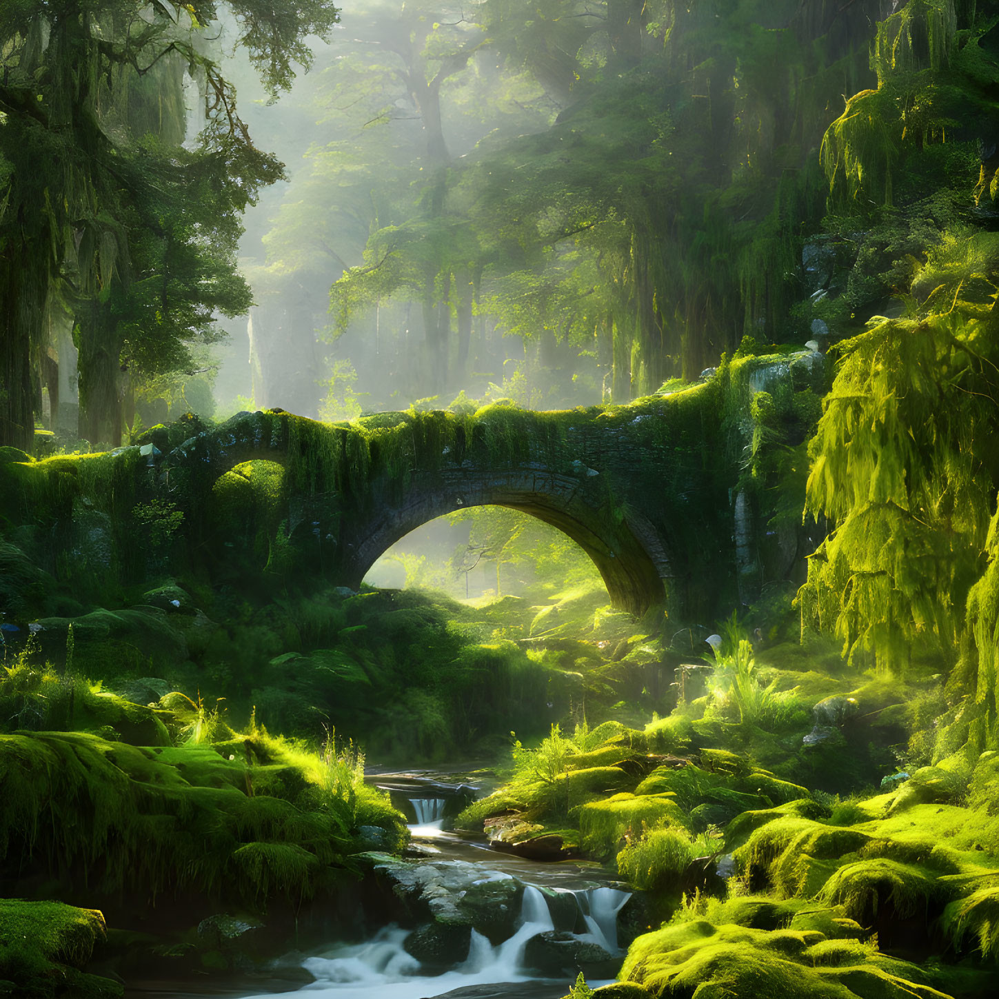 Moss-covered stone bridge over stream in sunlit forest with fog