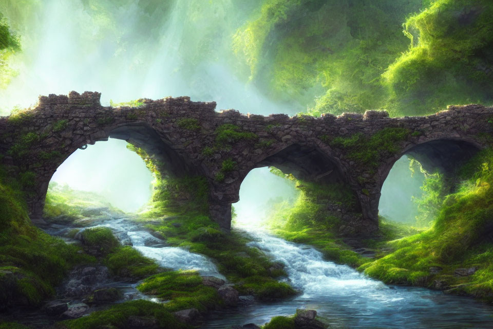 Double-arched ancient stone bridge over forest creek in ethereal sunlight