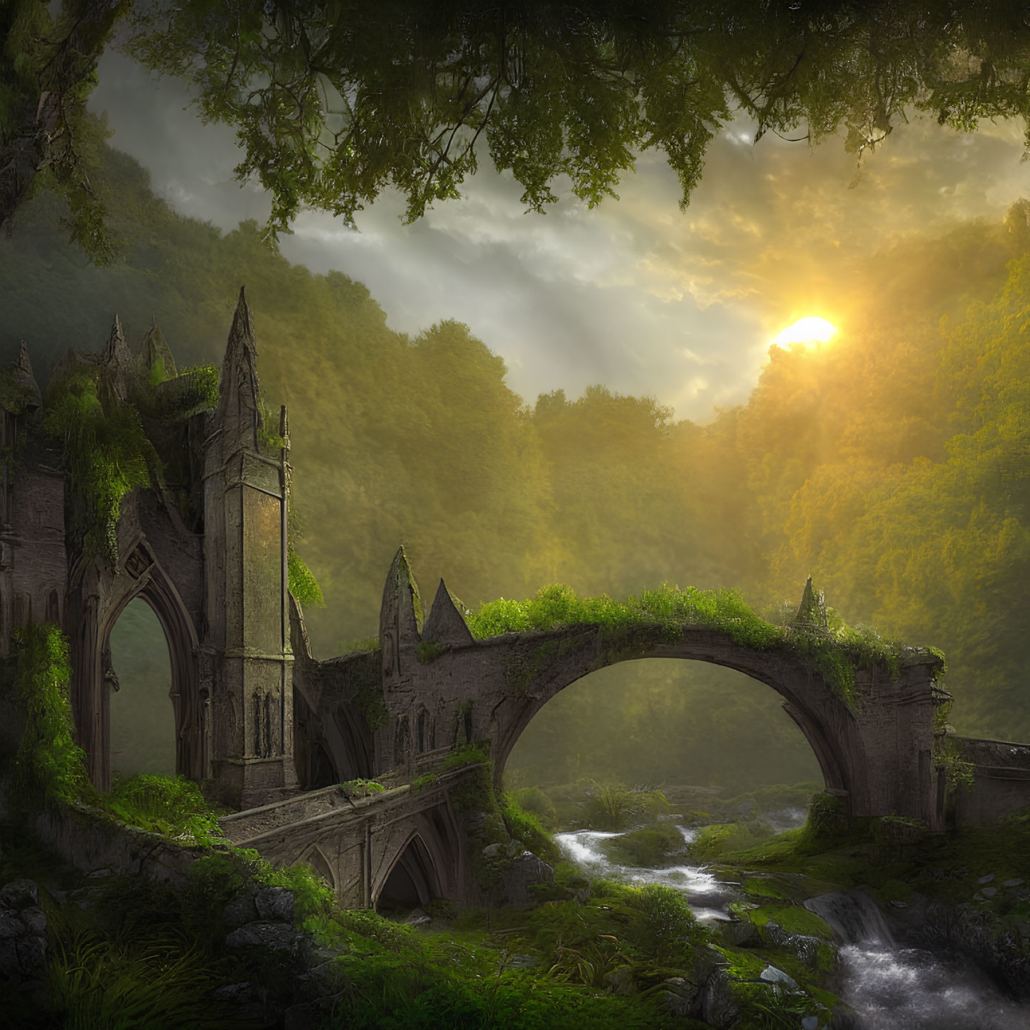 Stone bridge with Gothic arches in sunlit forest crossing stream