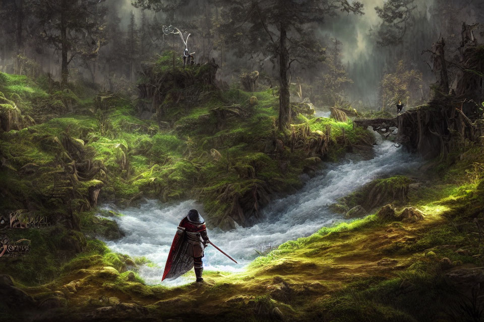 Knight in red cape by stream in enchanted forest with mystical figures