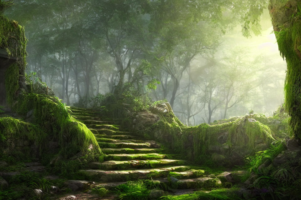 Mystical forest with sunbeams and moss-covered stairs among ancient trees