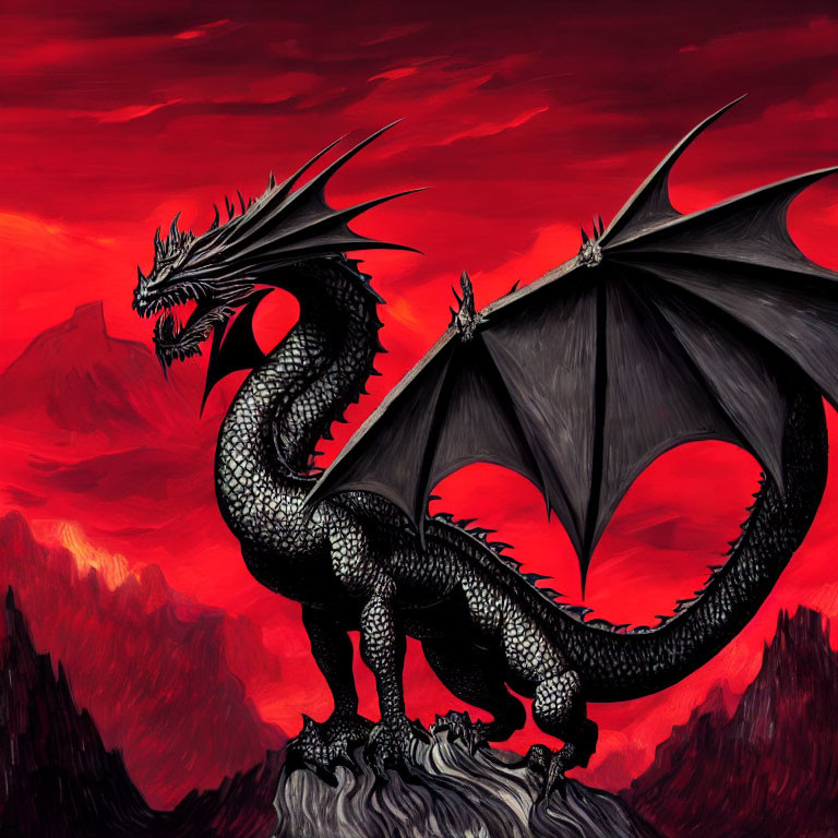 Black dragon with large wings on rocky terrain against red sky & mountains.