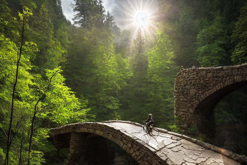Cyclist on ancient stone bridge in lush forest with sunbeams.