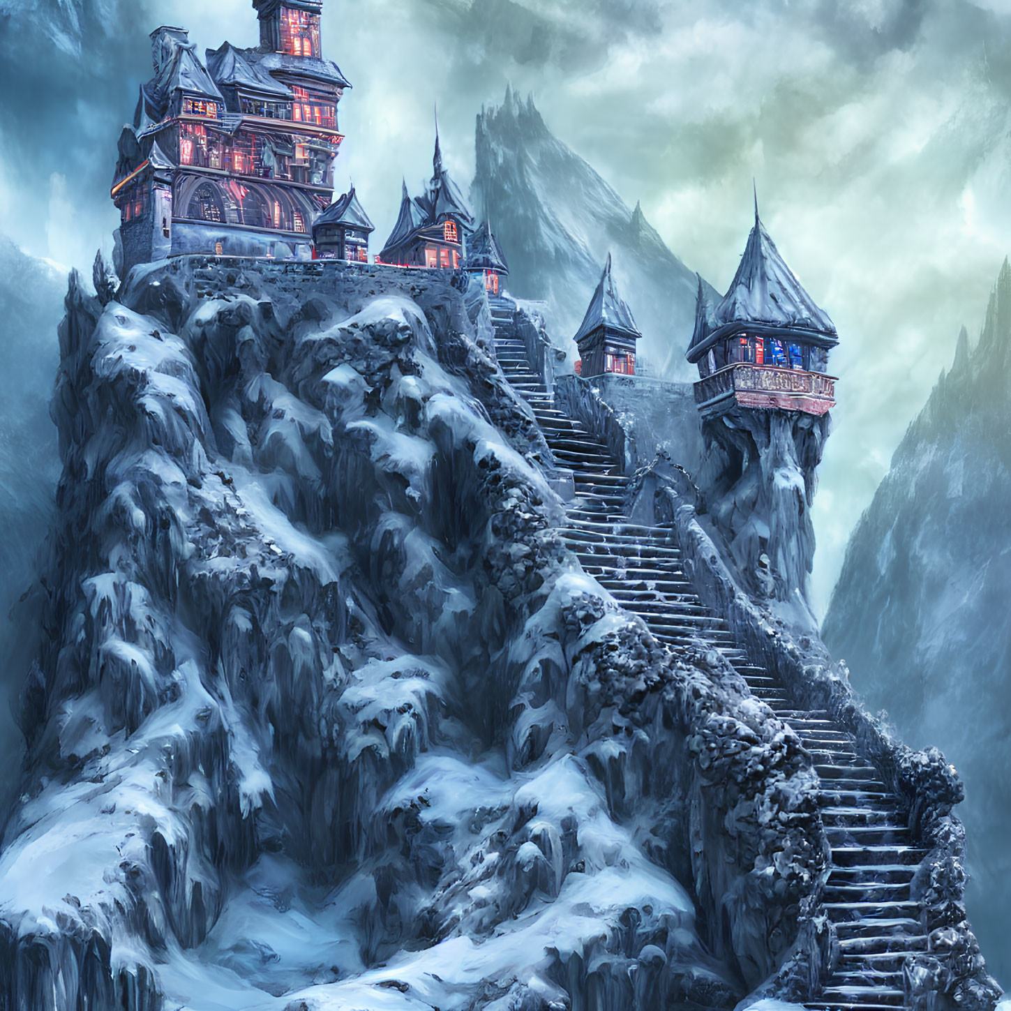 Fantasy castle on snow-covered mountain peak under cloudy sky