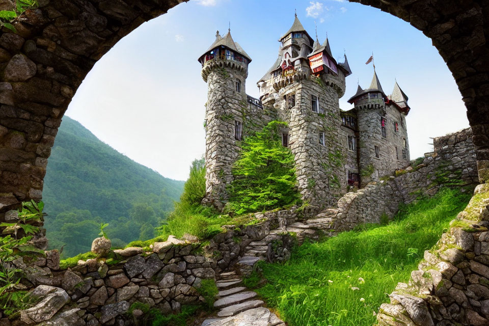 Majestic castle with spires in lush green setting viewed through stone archway