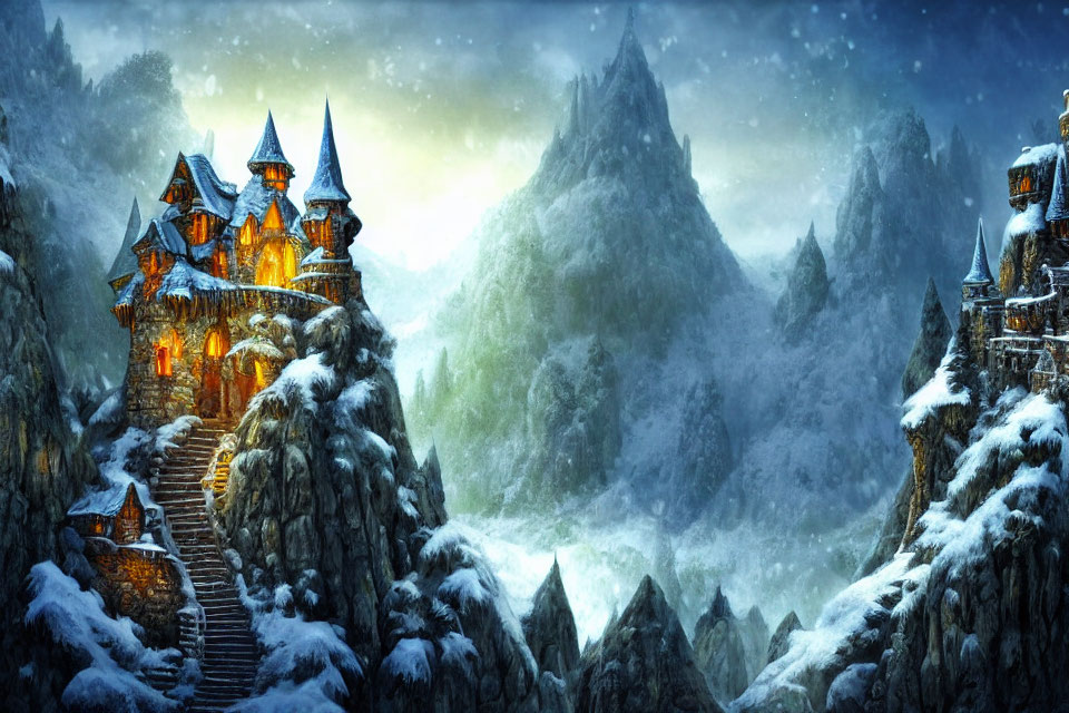 Snow-covered illuminated castle on mountain with stone steps in wintry landscape