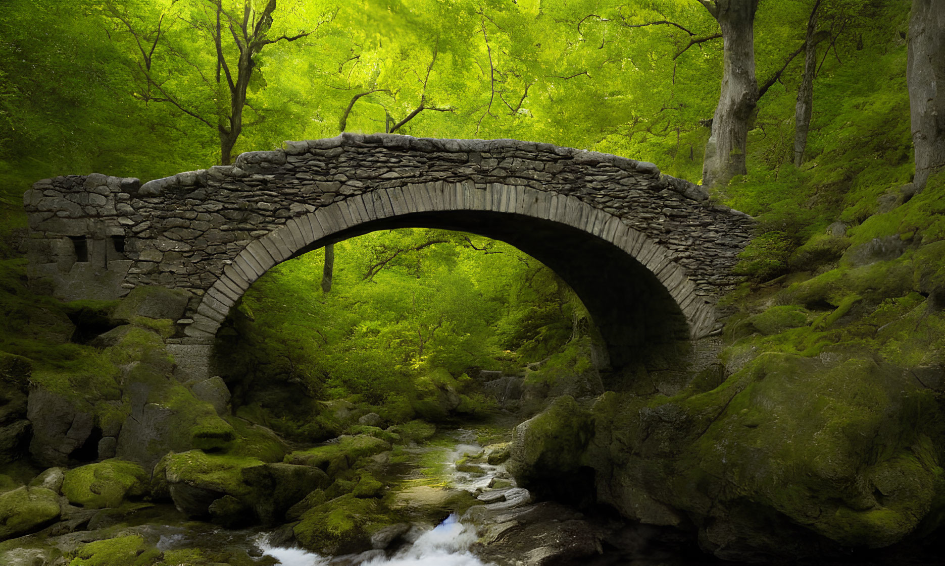 Stone bridge over stream in lush green forest with light filtering through canopy