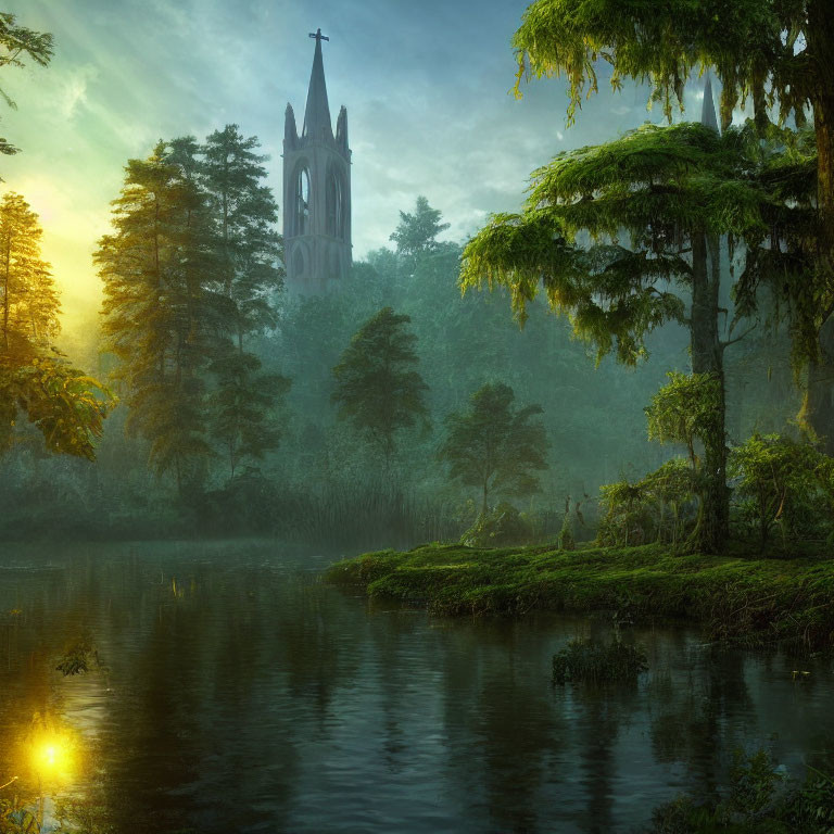 Misty forest dawn with gothic church by calm lake