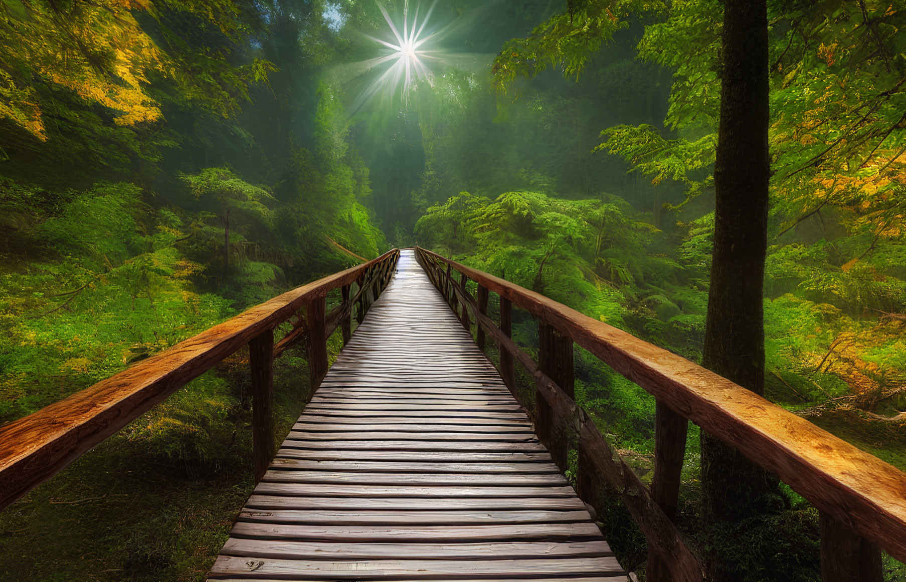 Wooden bridge in lush forest with sunlight filtering through canopy