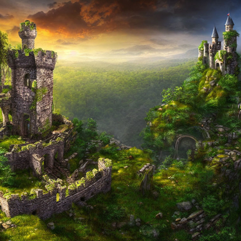 Ancient Stone Castles in Lush Green Forest at Sunset