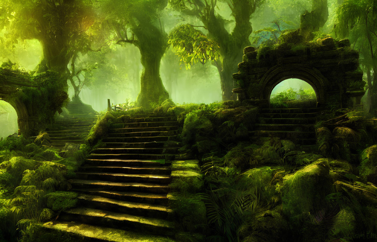 Enchanted Forest with Sunlight, Moss-Covered Stairs & Archway
