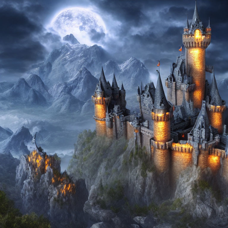 Medieval castle on rocky cliff under full moon in mystical landscape