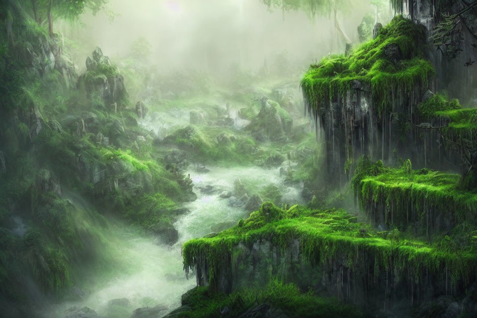 Mystical foggy forest with moss-covered cliffs and rushing stream