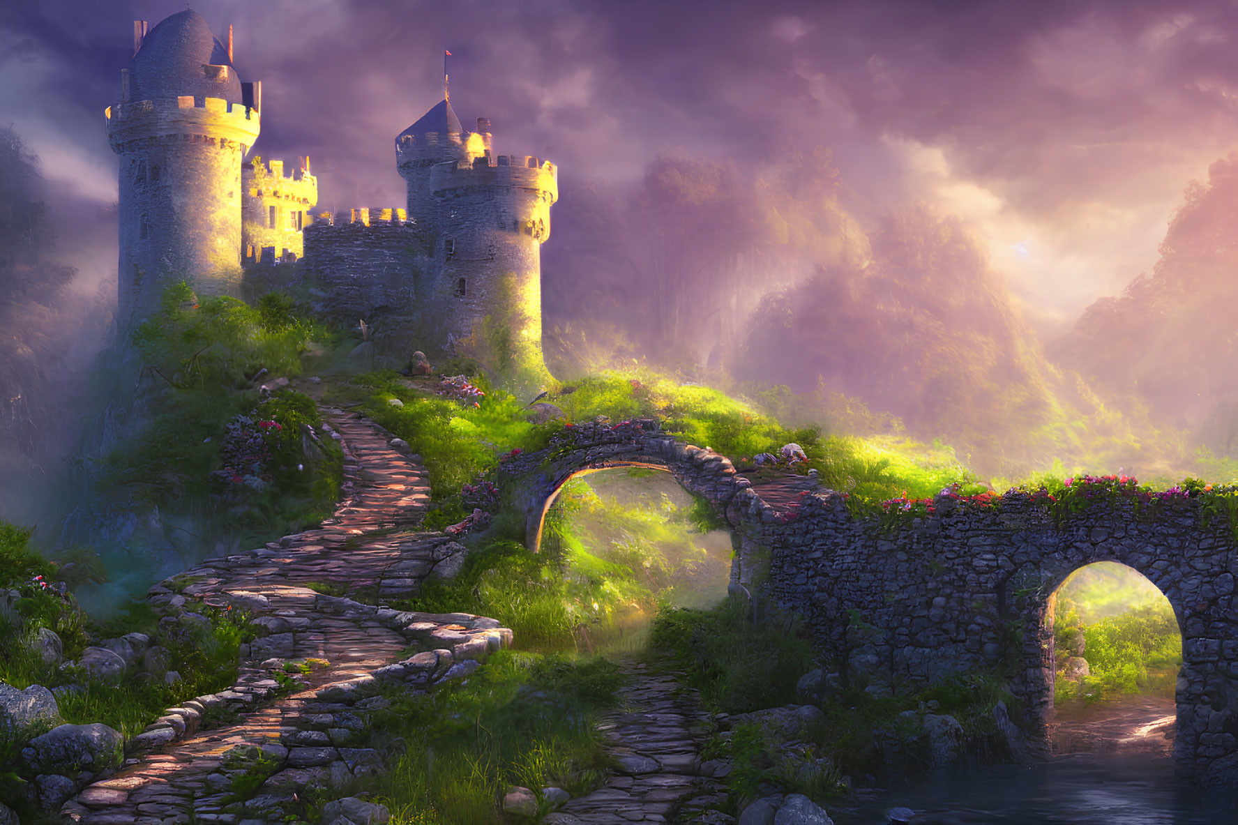 Fantasy castle on lush hill with cobblestone bridge in warm sunlight