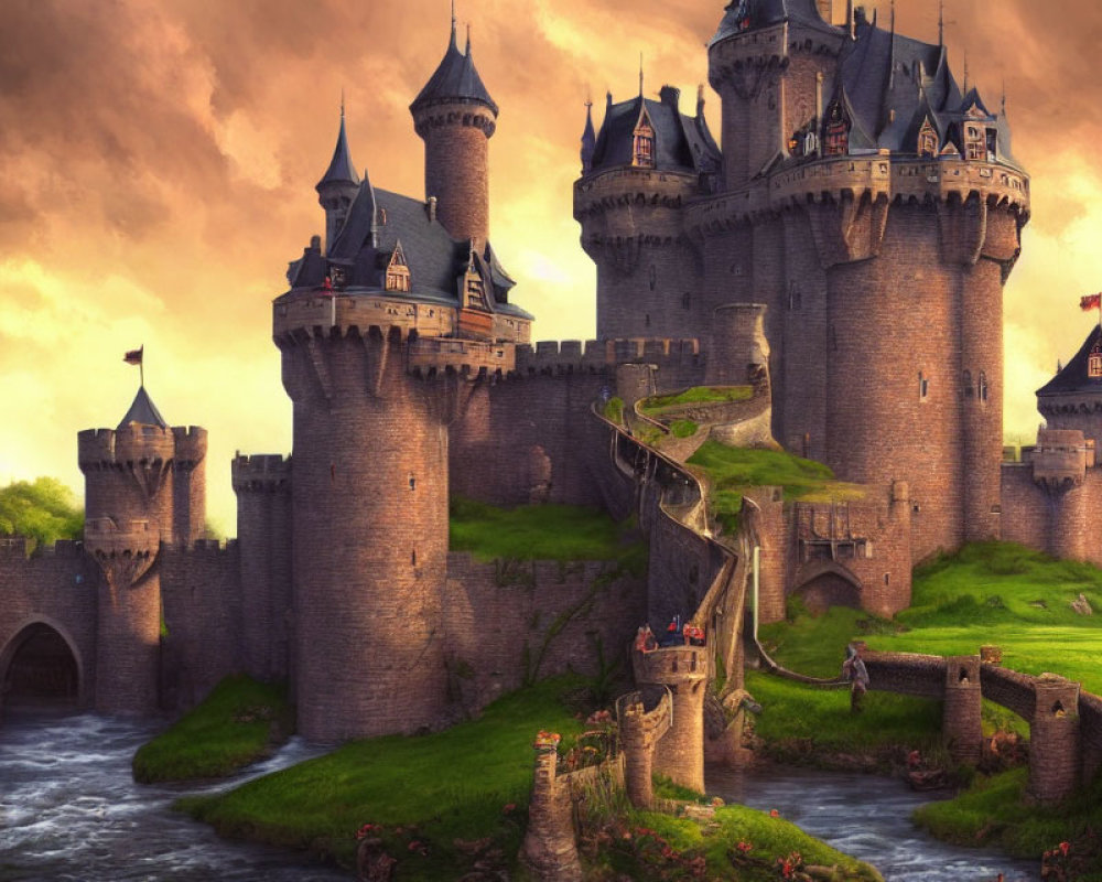 Fantasy castle with towers and river bridge in lush setting