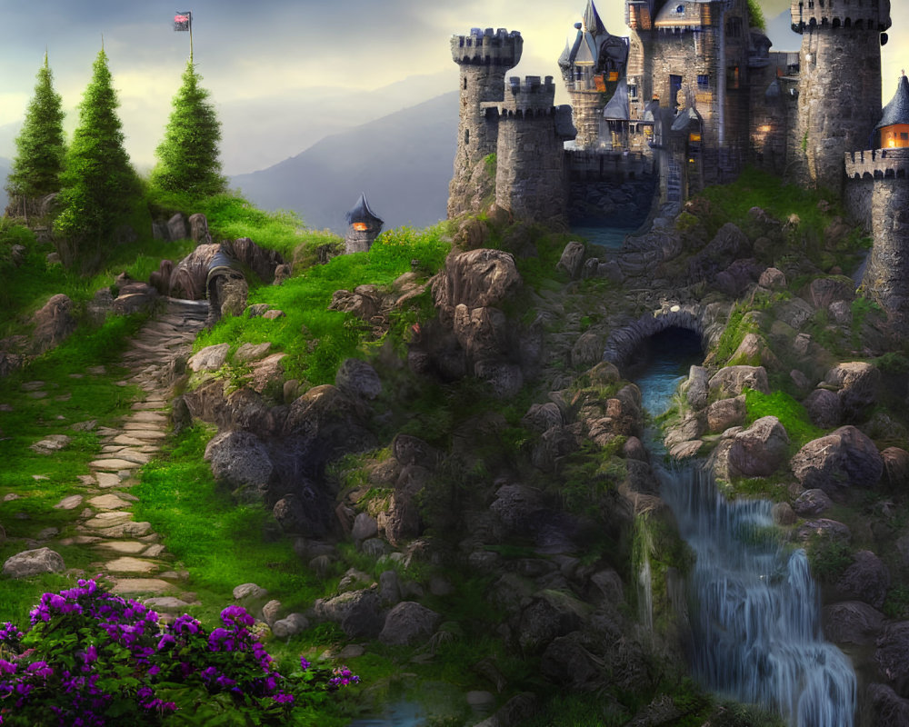Enchanting fairytale castle on cliff with towers, lush greenery, waterfall, and stone