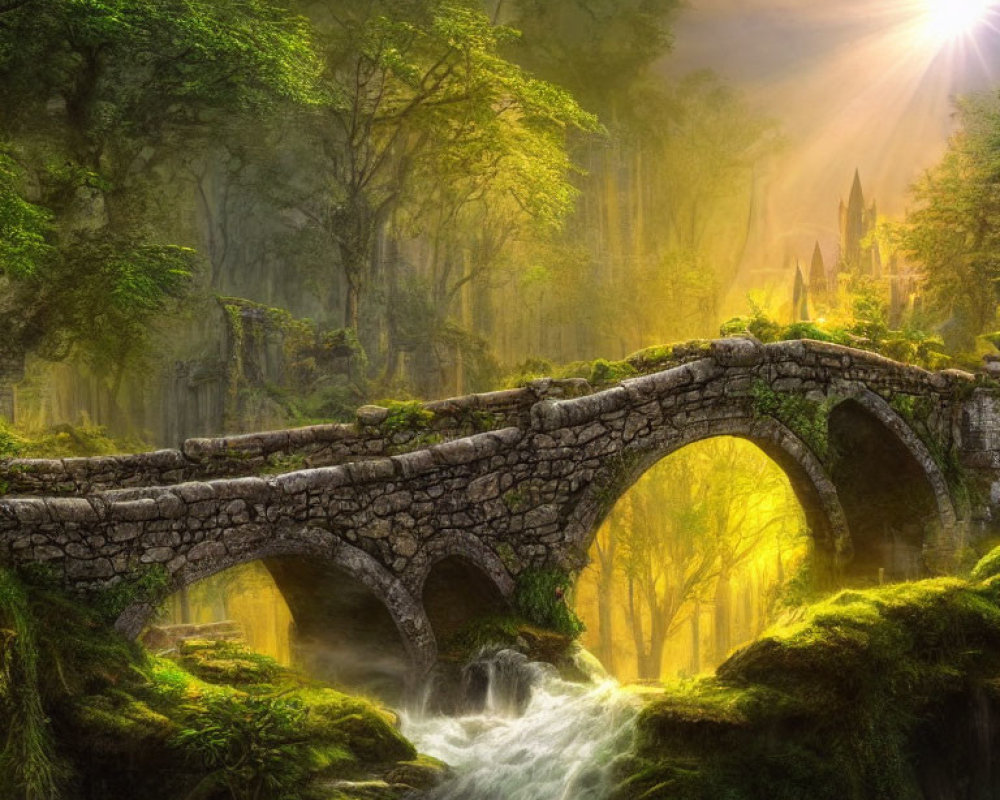 Ancient stone bridge over babbling brook in misty forest