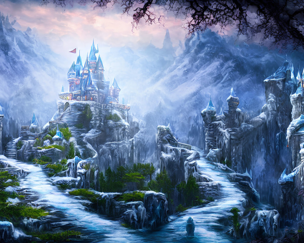Mystical castle on snowy cliffs with waterfalls in serene mountain landscape