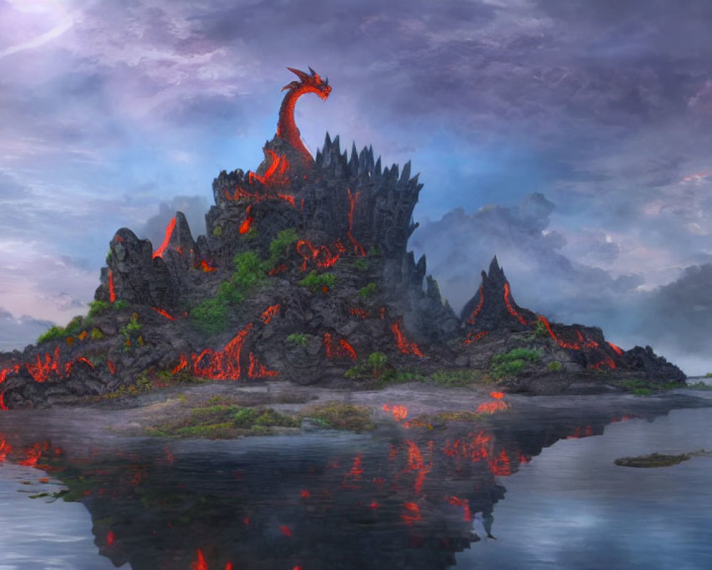 Dragon emerging from volcanic mountain in misty fantasy landscape